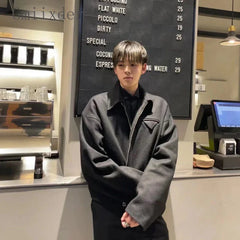 Threebooy Short Lapel Jacket Men's Spring Autumn Vintage Handsome High Street Jacket Men Women's Versatile Preppy Zipper Up Coat