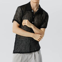 Threebooy Summer Men's Clothing Knit Hollw Out Shirts Lapel Short Sleeve Mesh Sexy Button-down Solid Color Streetwear Party Knitwear S-3XL