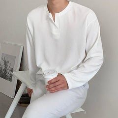 Threebooy Men's Leisure Retro Corduroy Henry Collar Long Sleeve T-Shirt Solid Color Fashion Pullover Sweatshirt New Spring Streetwear