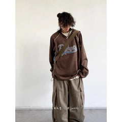 Threebooy Spring Autumn Japanese Retro Color-blocking Pullover Sweatshirt Men's College Style Letters Loose Long-sleeved Sweatshirt Chic