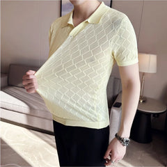 Threebooy Male Spring Slim Fit Knitting Polo Shirts British Style Men's Summer Casual Hollow Out Short Sleeves Polo Shirts S-3XL