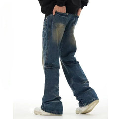Threebooy Retro washed deep blue jeans with men's high street splicing and slightly flared wide leg pants