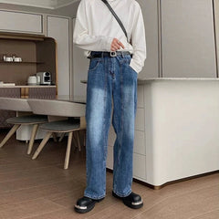 Threebooy New Korean Cleanfit Male Jeans Luxury Naples High Waist Wide Legs Denim Pants Fashion Solid Color Retro Premium Elegant Trousers