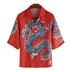 Threebooy Summer Clothing Men's Loose Stylish Hip Hop Shirt Casual Graphics Dragon Printed Mid-sleeved Shirts for Men Fashion Big Size Top