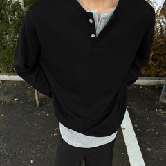 Threebooy Simpel Men's T-shirts Double Layer Patchwork Round Collar Contrast Color Casual Tops Long Sleeve Knitting Male Tees