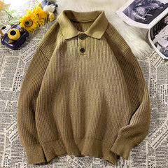 Threebooy Solid Color Polo Neck Sweater Men's Fashionable Winter Long-sleeved Sweater Japanese Retro Trend Couple Warm Coat Aesthetic