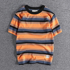 Threebooy Summer Splicing Pure Cotton Stripe Short Sleeve T-shirt Streetwear Amekaji Heavyweight Casual Male Round Neck Tshirt Tops Tee
