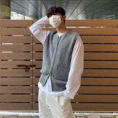 Threebooy Men's Knitted Zippers Cardigan Sweater Vest Sleeveless Knitwear Casual Loose Streetwear O Neck Solid Color Coat Luxury Clothing