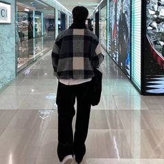 Threebooy Mens Sweater Plaid Color Matching Plush Knitted Sweater Streetwear Fashion Youth Campus Warm Male Long Sleeve Top Men'S Clothing