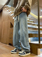 Threebooy Men's Spring Summer Semi-Wide Leg Jeans Korean Fashion Washed Cotton Casual Denim Pants Black Blue Straight Trousers