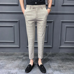 Threebooy New Slim Thin Section Lattice Small Feet Nine-point Suit Pants Men's Summer Youth Korean Fashion Business Casual Trousers