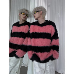 Threebooy Autumn and winter new Korean lazy style striped sweater men's loose casual knitted sweater top