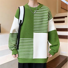 Threebooy Autumn Winter Fashion Patchwork Striped Knit Pullovers Men Youthful Vitality O-Neck Loose Warm Knitted Sweater Casual Pullover