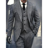 Threebooy 3 Pieces Men's Grey Herringbone Suits Formal Slim Fit Peak Lapel Tweed Prom Tuxedos for Wedding Groomsmen (Blazer+Vest+Pants)