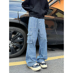 Threebooy Spring New Men Cargo Jeans Baggy American High Street Multi-pocket Youth Overalls Fashion Streetwear Vintage Wide Leg Pants