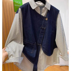 Threebooy American High Street Denim Spliced striped Shirt Long Sleeve Korean Version 2025 Fashion Trend Fake Two-piece Top Aesthetic