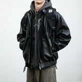 Threebooy 90s Streetwear Standing Collar Motorcycle Leather Jacket Cotton Coat Men's Loose Windproof New Thick PU Leather Jacket Jacket