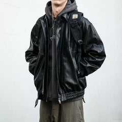 Threebooy 90s Streetwear Standing Collar Motorcycle Leather Jacket Cotton Coat Men's Loose Windproof New Thick PU Leather Jacket Jacket
