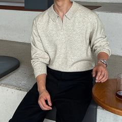 Threebooy Korean Luxury Business Men Polo Sweater Loose V Neck Knit Solid Color Pullover Casual Premium Quality Long Sleeve Knitwear M-3XL