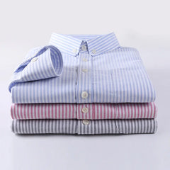 Threebooy Spring Men Oxford Cotton Shirt Casual Loose Long Sleeve Button Down Shirt Man Simple Collar Stripe Shirt Tops High Quality