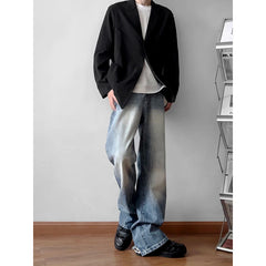 Threebooy Men's Korean Fashion Trend Streetwear Jeans High Street Blue/Black Denim Trousers Baggy Straight Casual Pants M-5XL