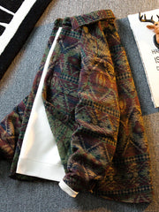 Threebooy Diamond Ethnic Style Jacquard Brushed Shirt Men Long-sleeved Korean Style Autumn Winter Thickened Warm Lapel Woolen Shirt Jacket