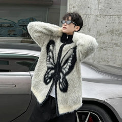 Threebooy Autumn Winter Plush Warm Cardigan Men Butterfly Printing Sweaters Full Zip Jackets Luxury Loose Lazy Knitted Sweater Coat