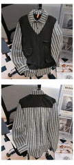 Threebooy Japanese Spring/Autumn Retro Stripe Fake Two Piece Splicing workwear Shirt for Men and Women Loose Couple Retro Casual Top y2k