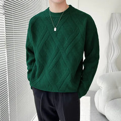 Threebooy Men Round Collar Sweater Autumn Winter Warm Casual Slim Fit Pullovers Homme Thickened Plaid Jacquard Sweater