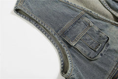 Threebooy Vintage Blue Denim Vest Jackets Men Streetwear Sleeveless Cargo Coats Harajuku Multiple Pockets Loose Casual Jeans Vests Male