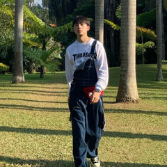 Threebooy American Retro Large Size Denim Overalls Men's Loose Trend Korean Style Fashion 2025 New High-end Straight Suspender Jumpsuit