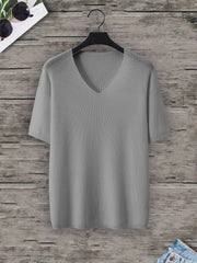 Threebooy Big Size Mens Oversized Drop Shoulder Waffle Knit V Neck T Shirts Loose Short Sleeve Breathable Knitted Casual Tees 2XL-5XL