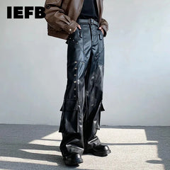 Threebooy new dark series pocket rivet design PU leather pants men's wide-leg pants leather pants lederhose pantalon cuir homme