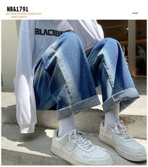 Threebooy Men's Baggy Homme Cargo Pocket Jeans Fashion Black Trousers Loose Wide Leg Pants Biker Blue Color Casual Pants S-2XL