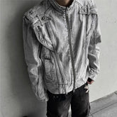 Threebooy American High Street Fashion Retro Y2k Coat Spring And Autumn Motorcycle Heavy Industry Stitching Washed Design Denim Jacket Men