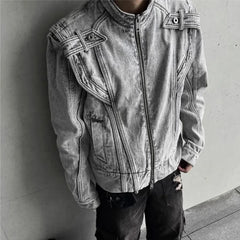 Threebooy American High Street Fashion Retro Y2k Coat Spring And Autumn Motorcycle Heavy Industry Stitching Washed Design Denim Jacket Men