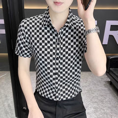 Threebooy Trend Versatile Summer New Thin Shirts Men Clothing Lapel Print Plaid Single Breasted Streetwear Fashion Slim Short Sleeve Tops