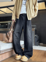 Threebooy Men's Straight Wide-Leg Jeans Korean Fashion Elastic Waist Washed Denim Pants Street Casual Baggy Jeans