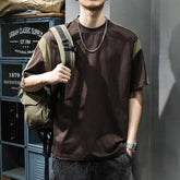 Threebooy Vintage Contrast Loose T Shirts Summer New Short Sleeve Solid Patchwork Plus Size Youth Tops Tees Casual Fashion Men Clothing