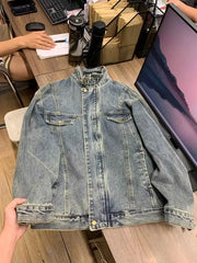 Threebooy Vintage American Denim Jacket Men Women Autumn Winter New Loose Korean Style Trendy Fashion Tops High-end Niche Jacket Urban