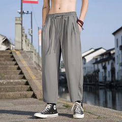 Threebooy Summer Men's Chinese Style High Street Casual Pants Elastic Waist Loose Sweatpants Black/Grey/Khaki Color Trousers M-5XL