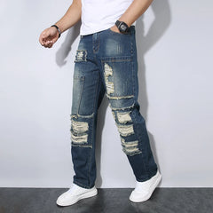 Threebooy New Fashions Loose Men's Ripped Jeans Dark Blue Soft Pants Streetwear Loose Hip Hop Straight Hole Denim Trousers Male
