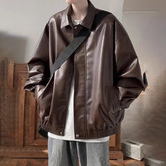 Threebooy American Retro Leather Jacket Men'S Autumn And Winter Plus Velvet High Quality Handsome Casual Loose Pu Leather Lapel Jacket Men