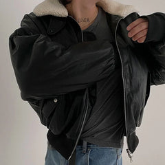 Threebooy Pu Leather Short Cotton Coat Mens Winter Fashion Lapel Warm Cotton Coat Korean Style Trendy High-End Leather Jacket
