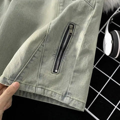 Threebooy Streetwear Men Summer Loose Casual Denim Shorts Men Zipper Straight Versatile Five Point Pants Hip Hop Sports Basketball Shorts