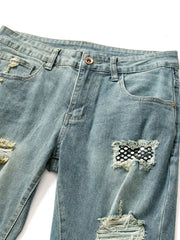 Threebooy Retro Stretch Jeans Men's Streetwear Ripped Patchwork Y2k Pants Hip Hop Slim Fashionable Biker Patch Male Denim Trousers