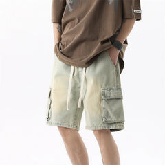 Threebooy Summer Men's Workwear Denim Shorts Retro Fashion Elastic Waist Loose Straight Leg Large Pocket Shorts Brand Men's Clothing