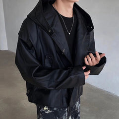 Threebooy Mens Pu Leather Jacket Metal Buckle Hooded Pu Coat Fashion Streetwear Temperament Trend Casual Long-Sleeve Tops Men'S Clothing