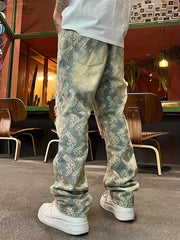 Threebooy American-Style Streetwear Washed Vintage Ripped Jeans for Men, Spring and Autumn Straight Loose Fit, European and American High Street Vibe Style Long Pants