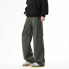 Threebooy Men's Cotton Cargo Pants High Street Comfortable Loose Fit Wide Leg Pants Side Pockets Drawstring Waist Trousers Man Workwear